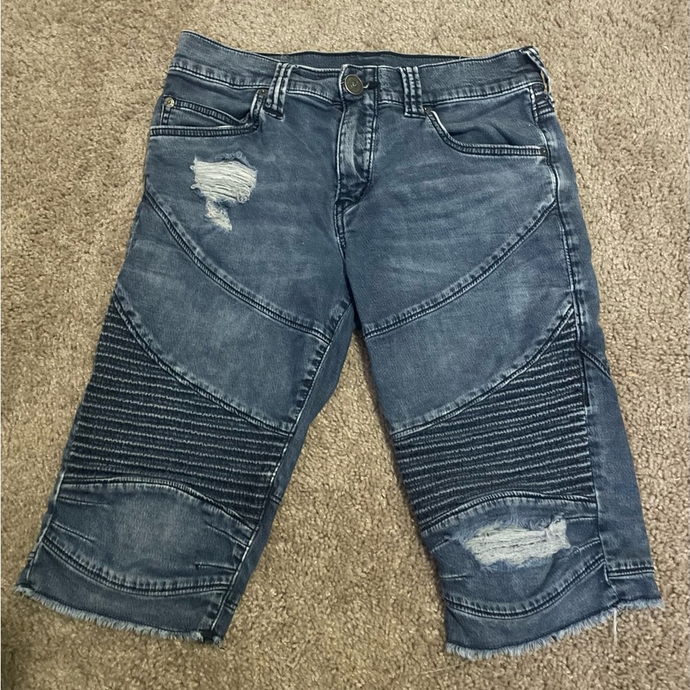 True Religion Distressed Blue Relax Slim Fit Moto Jorts  Sz - 28